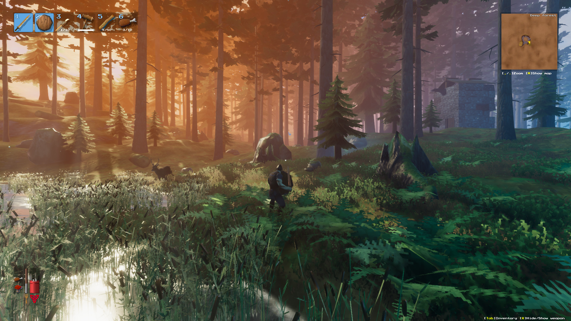 A Viking warrior entering the dark Black Forest biome in Valheim.