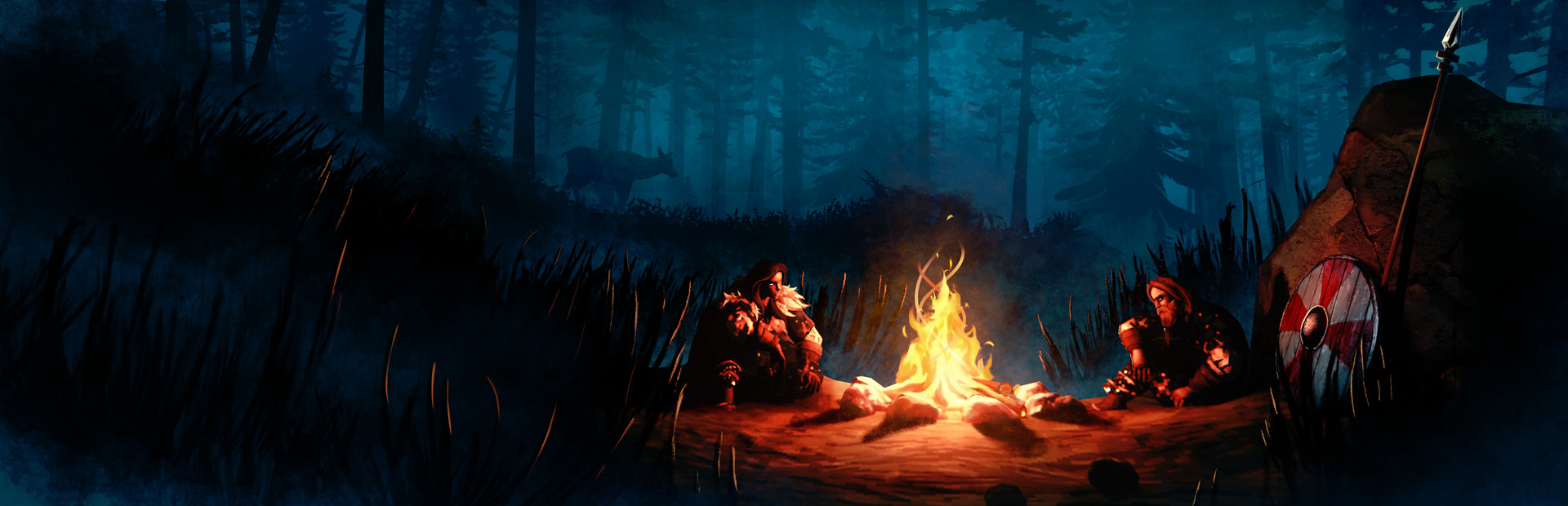 Two elderly Vikings sitting by a campfire in a Valheim longhouse. Official Valheim artwork.