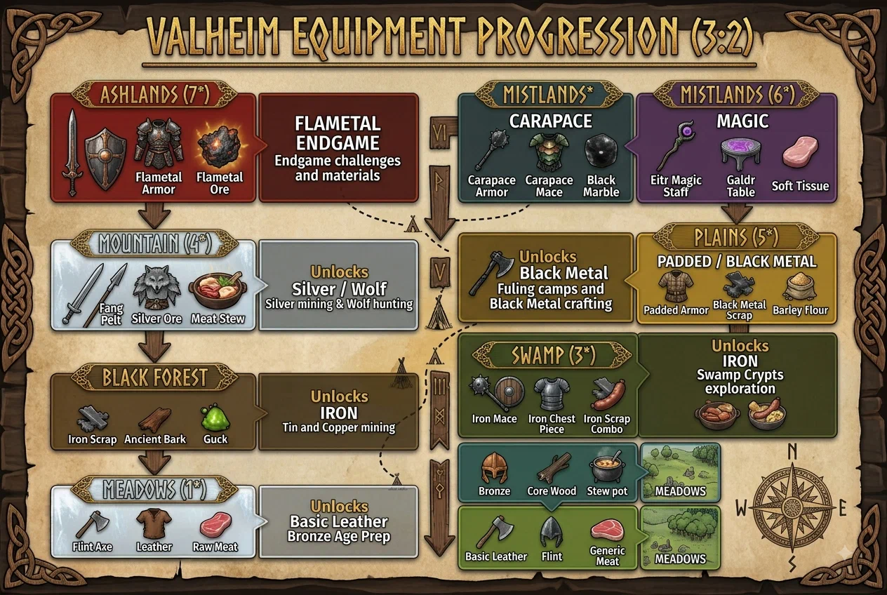 Valheim Gear Progression: 7 equipment tiers from Leather/Flint to Flametal, covering weapons, armor, food, and crafting stations