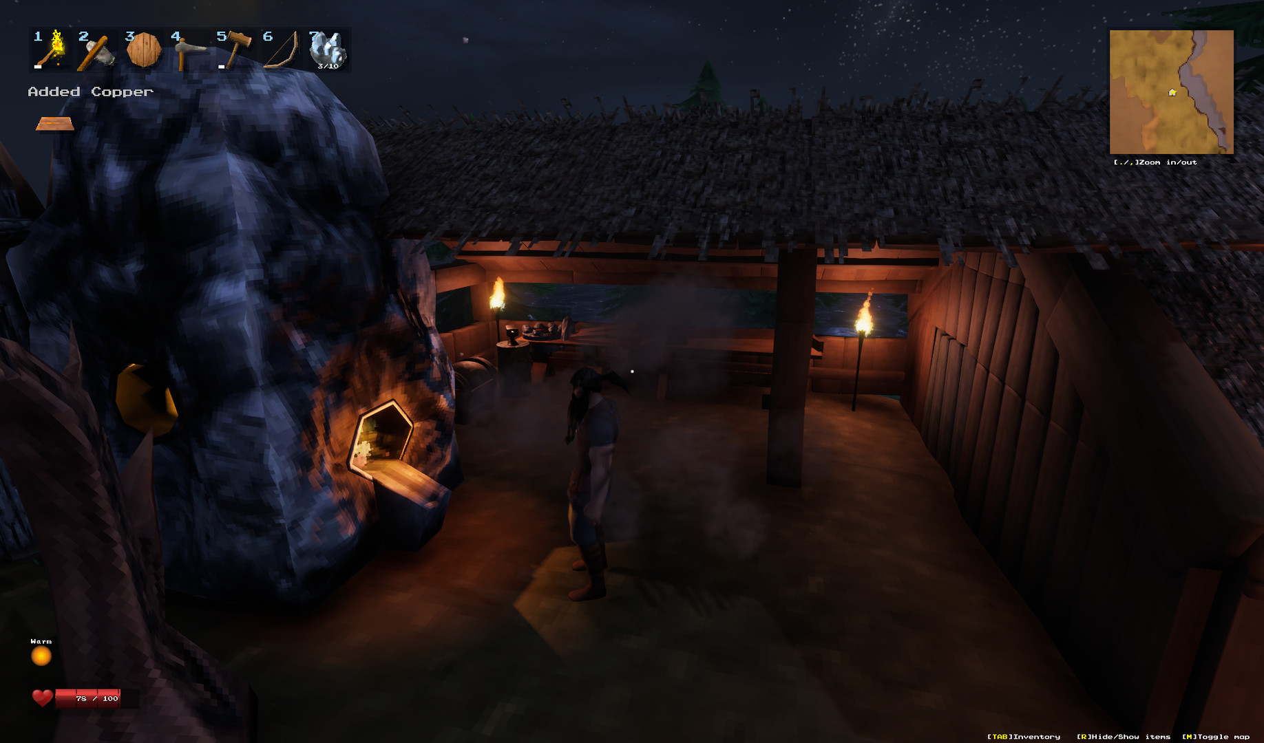 A Viking warrior standing before a stone hearth fireplace inside a Valheim longhouse.