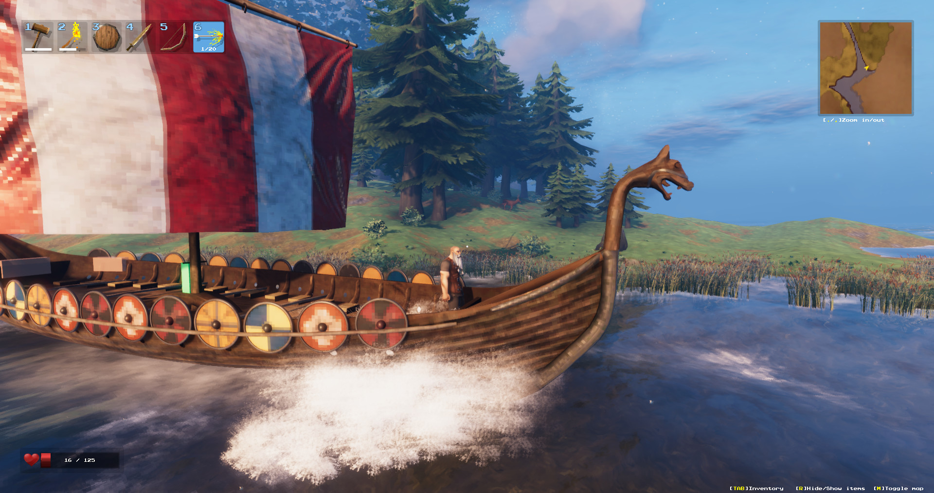 A Viking warrior standing at the prow of a Longship, sailing the Ocean biome in Valheim.