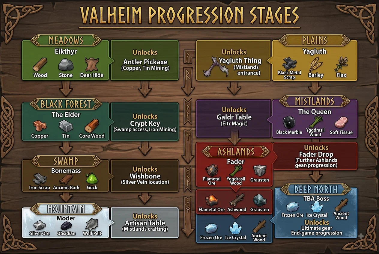 Valheim Progression Chart: 8 stages from Meadows to Deep North with biome, boss, key resources and unlocks