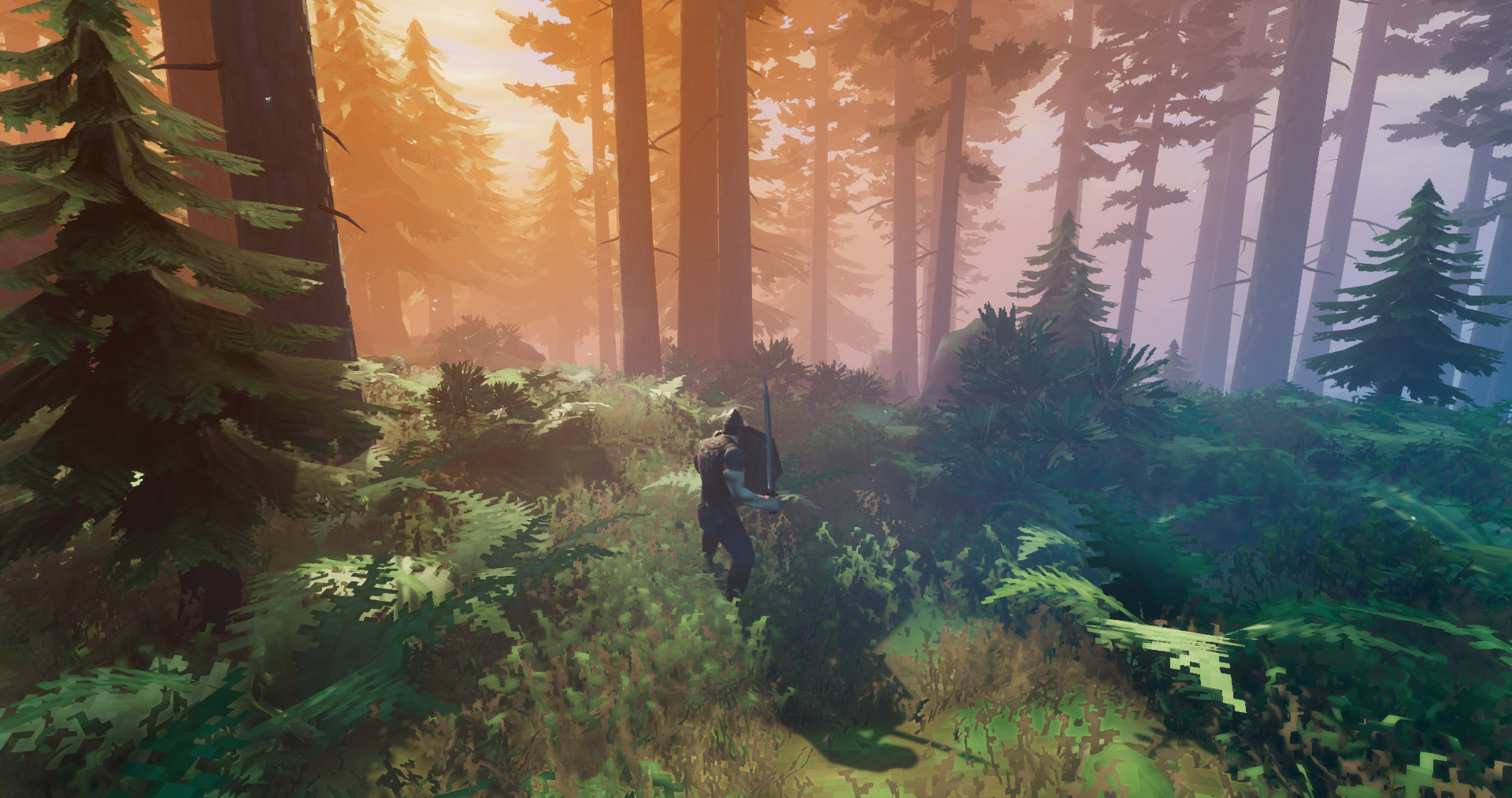 A Viking warrior holding a sword and shield, exploring the forest biome in Valheim.