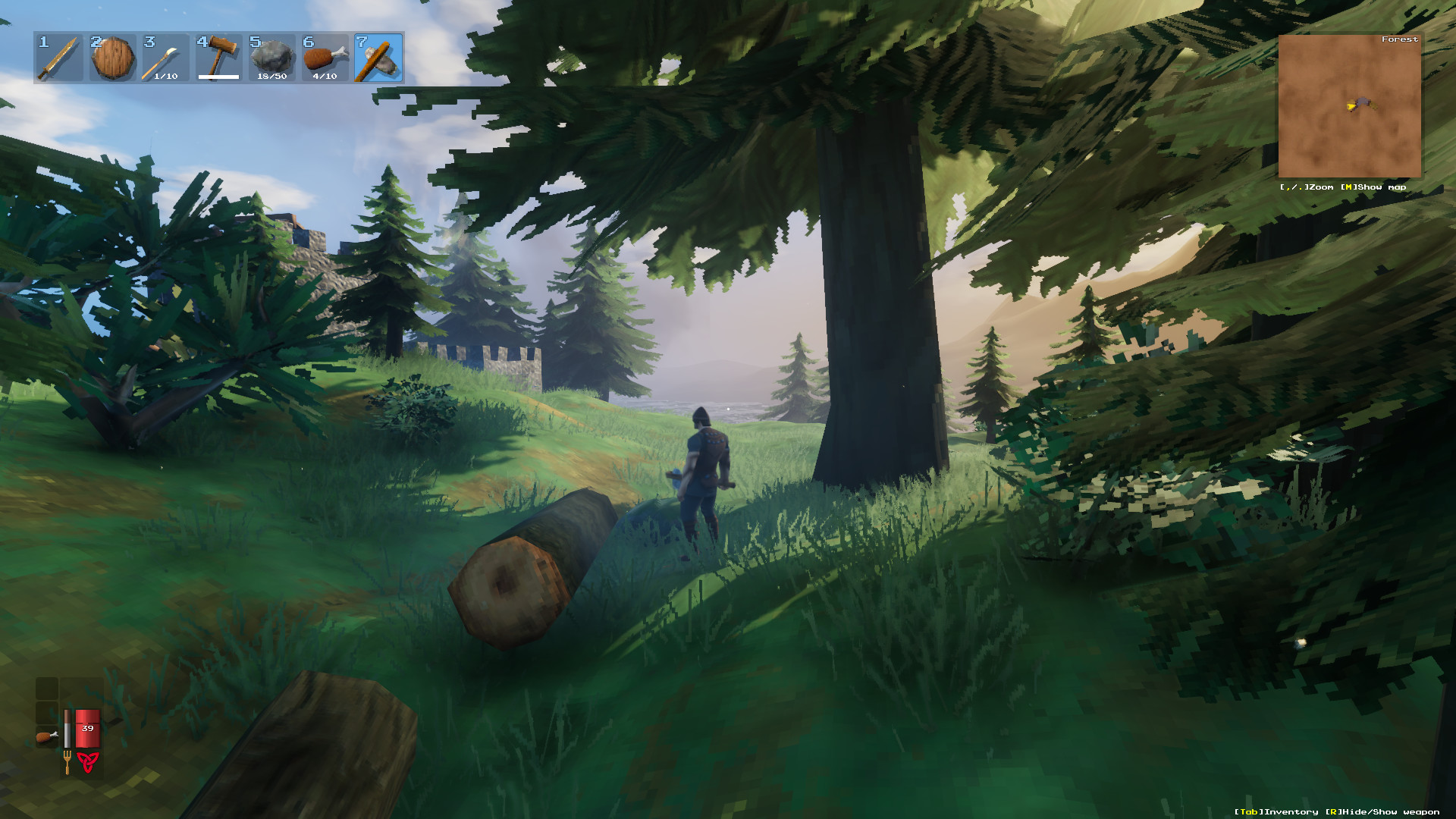 A Viking warrior in a forest with cut logs — wood gathering in Valheim.